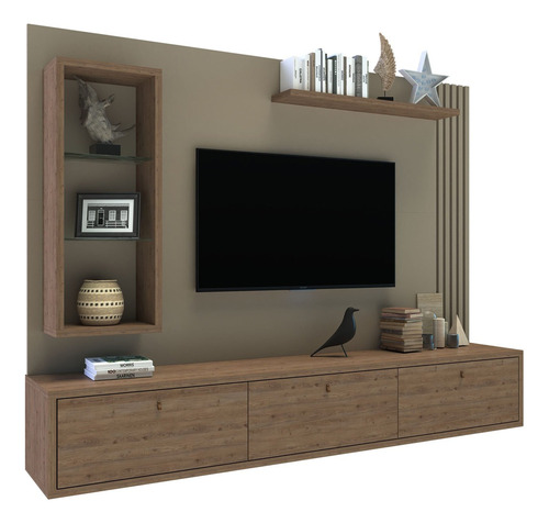 Panel Tv Rack Flotante Delos Dro04 Varillado Hasta 65´´ Color Roble Davos Marrón Trufa/gris Arcilla