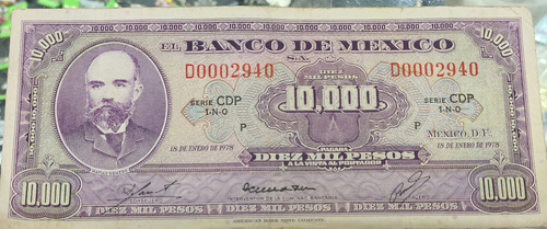 Billete 10,000 Pesos Matias Romero 1978 Buena Condición