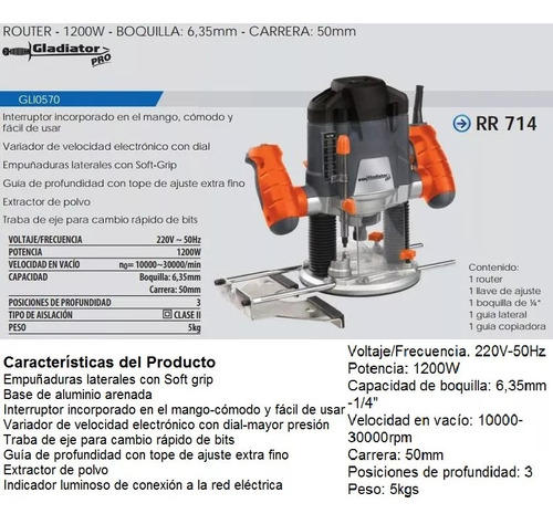 Fresadora Router Gladiator Pro Modelo Rr714 1200w 1/4 6,35mm