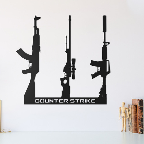 Quadro Decorativo Parede Trio Armas Cs Ak-47 M4a1-s Awp 30cm