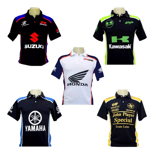 Kit 5 Camisa Polo Moto Gp Lotus Honda Yamaha Suzuki Kawasaki