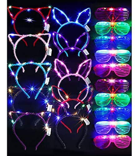 10 Gafas Con Luz Led, 5 Diademas Con Orejas De Gato Led, 5 D