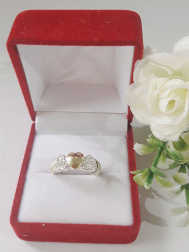 Hermoso Anillo Plata Y Oro 3 Corazones.piedras.envio Gratis