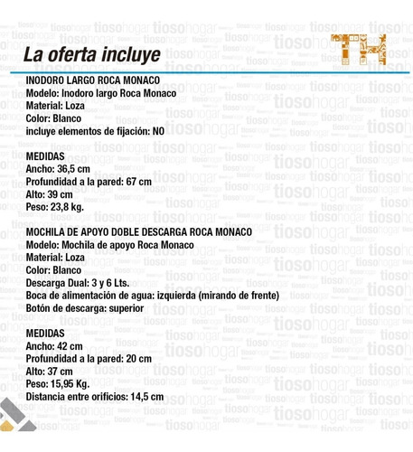 Combo Baño Inodoro Largo Roca Monaco Mochila Apoyo Loza Baño