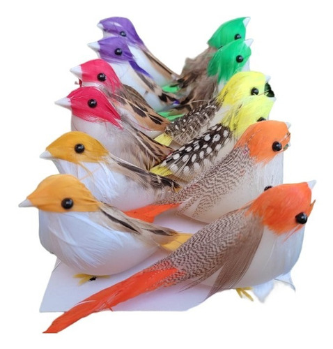 12 Passarinhos 10,5cm Artificiais Coloridos Jardim Festas