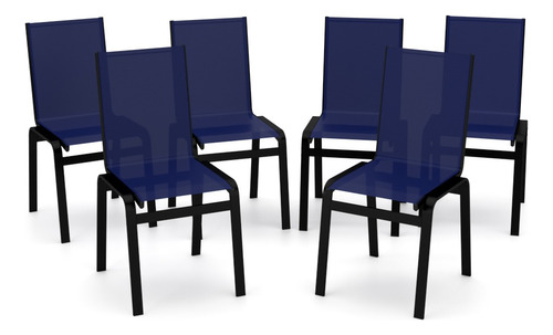 Kit 6 Cadeiras Jantar Gourmet Alumínio Preto Tela Azul