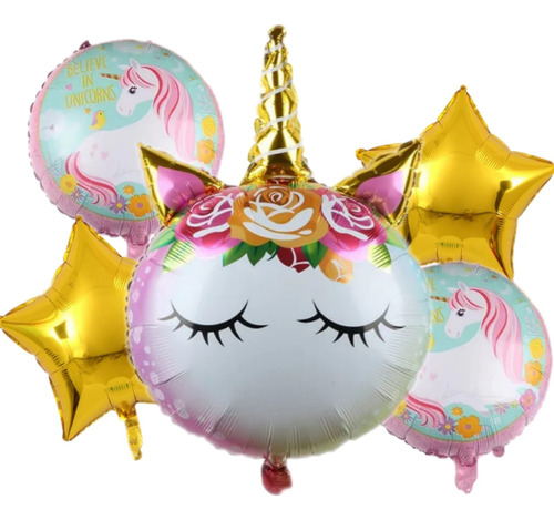 Pack 5 Globos Metalizados Unicornio - Globifiesta