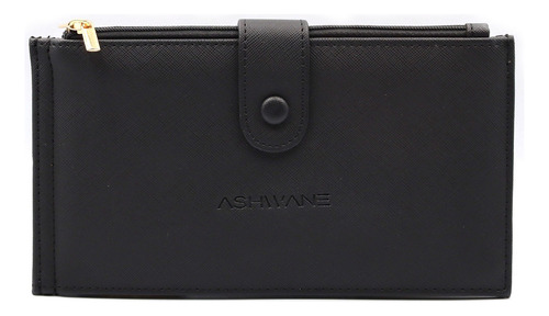 Cartera Mujer Ashwane Doble Cierre Con Broche Elegante Color Negro Diseño de la tela Liso