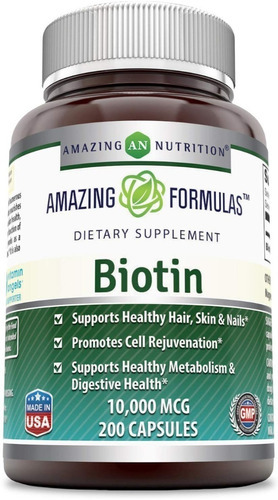 Biotina Amazing Nutrition 10,000 Mcg 200 Cápsulas Sabor Sin Sabor