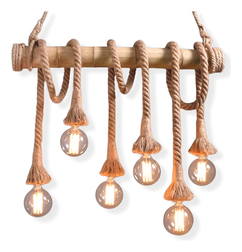 Lustre Pendente Corda E Bambu 6 Soquetes Estilo Rústico
