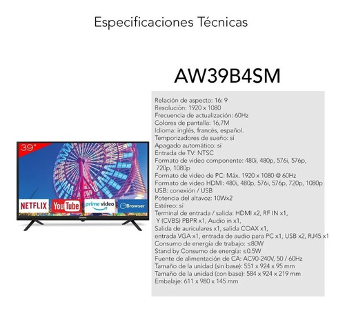 Imagen 3 de 5 de Televisor Tv Aiwa 39 Pulgadas Smart Tv Hd Mod Aw39b4sm