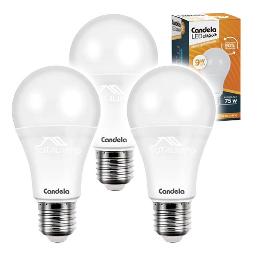 3 Lámparas Led 9w (75w) Luz Cálida Candela Clásica 6519