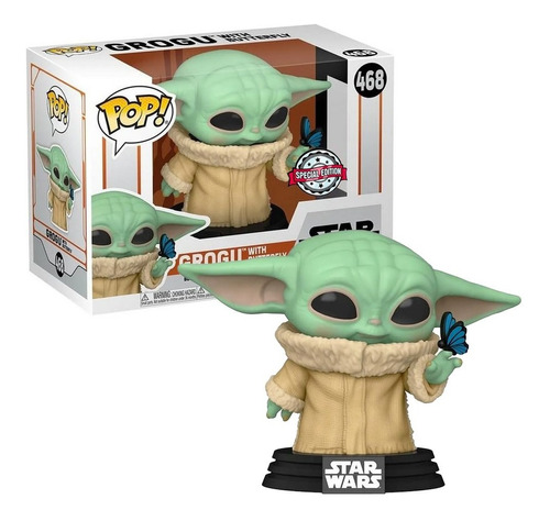 Boneco Funko Pop Star Wars Baby Yoda Grogu C/ Borboleta 468