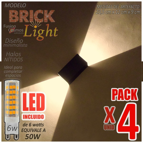 Aplique Interior Bidireccional Luz C/ Lampara Led 6w Pack X4 Iluminación Interna Luz Indirecta Bipin Ladrillo Efecto 