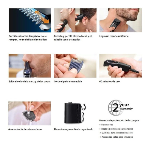 Imagen 2 de 7 de Cortabarba Multigroom Philips Mg3730 Recargable 8en1