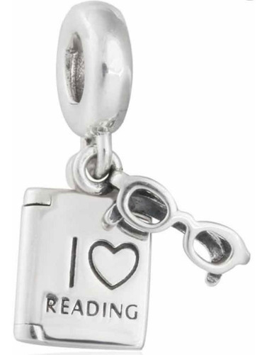 Dije Charm Colgante Lentes Y Libro I Love Reading Plata