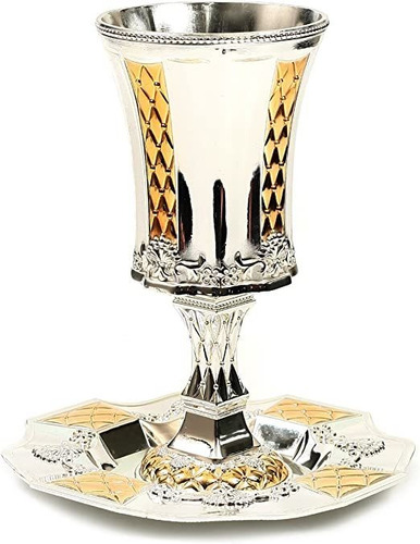 Copa Kidush Judaica Dorado Y Plateado Con Bandeja