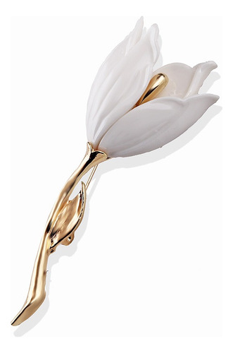 Broche Prendedor Antigua Mujer Hoja Flor Tulipán Blanco