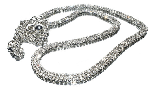 Cinto Cadena Tresher Metálico Fiesta Tres Líneas De Strass Plateado Liso Con Strass Único