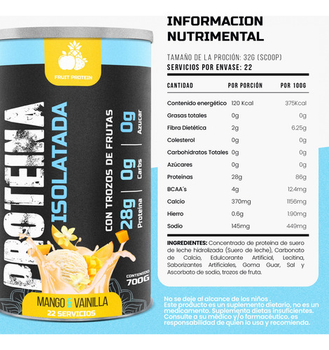 Fruit Protein Proteína Isolate 700g 22 Servicios En Polvo Vainilla Y Mango