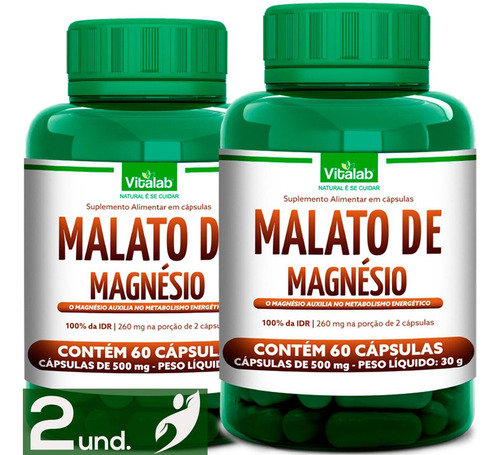 Malato De Magnesio 60 Caps Vitalab Kit 2 Sabor Sem Sabor