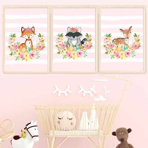 Set X3 Cuadros Animalitos Bosque Rosa Rayas Completos 23x33 