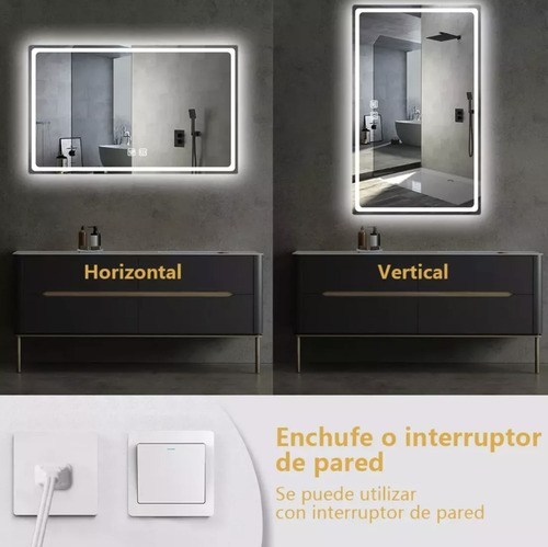Espejo Led Baño 50x70cm Touch 3 Modo Con Función Antivaho