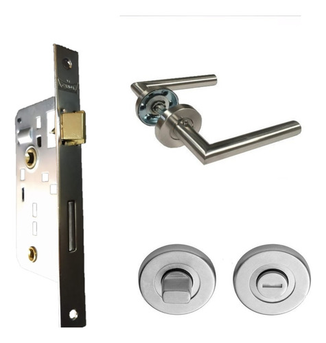 Combo N 10 Cerradura Reversible De Baño Frente Angosto + Manija Doble Acero Inoxidable + Pomo De Baño Acero Inoxidable