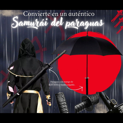 Sombrilla Katana Samurai Elegante Accesorio Sol Y Lluvia Color Negro Diseño de la tela Liso