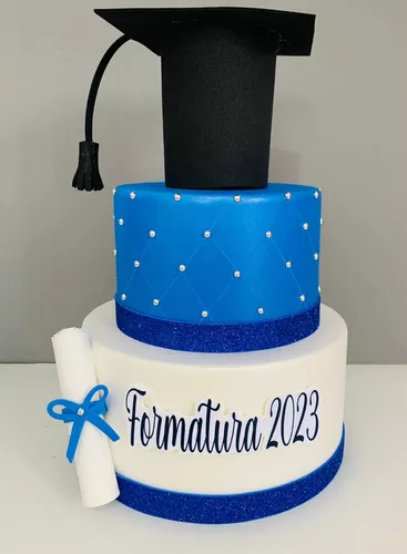 Bolo de formatura azul e dourado