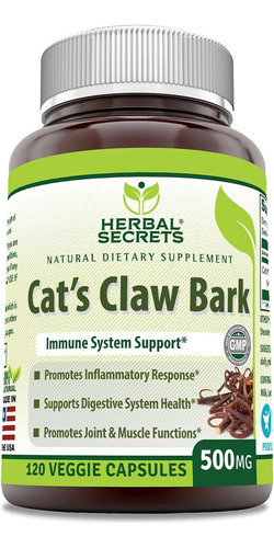 Herbal Secrets Cat's Claw Bark Garra De Gato 120 Cáps Sabor Sin Sabor