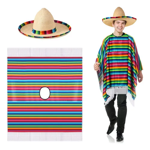 Disfraz De Poncho De Sarape Mexicano, Sombrero Mexicano Con