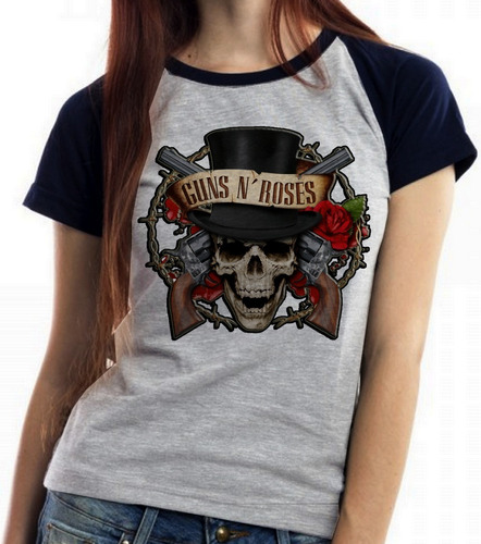 Blusa Baby Look Guns In Roses Caveira Rock In Roll Anos 90