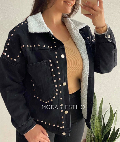 Chaqueta Campera De Jeans Con Tachas Corderito Por Dentro