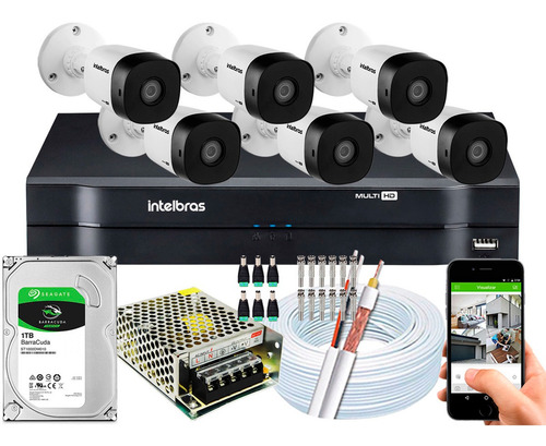 Kit Cftv 6 Câmeras Multi Hd 720p 1mp Dvr Intelbras Mhdx 1108