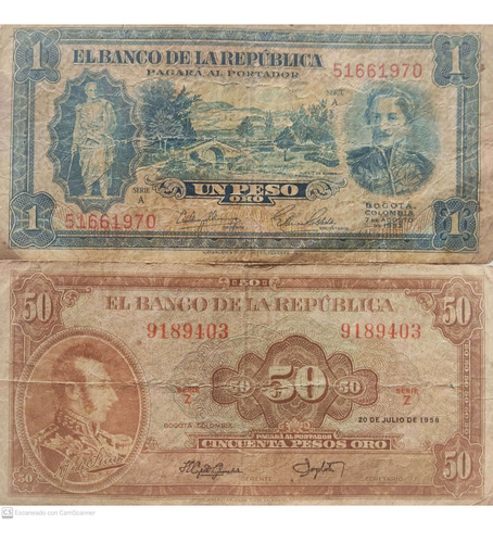 Billetes Colombia De 1 Pesos 1953 Y 50 Pesos 1958 