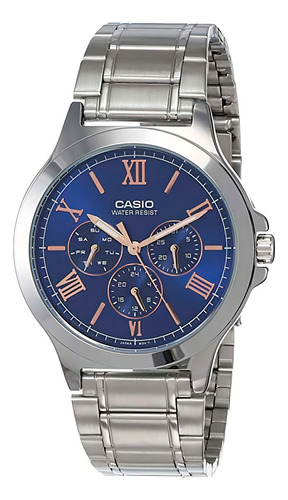 Reloj pulsera Casio MTP-V300 con correa de acero inoxidable color plateado - fondo azul