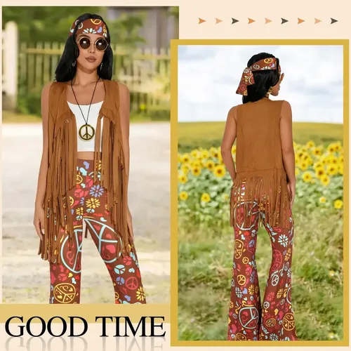Disfraz Hippie Para Mujer – Conjunto De Los Años 60/70 Con Chaleco Con Flecos, Gafas Retro, Diadema Y Pulsera De Margaritas