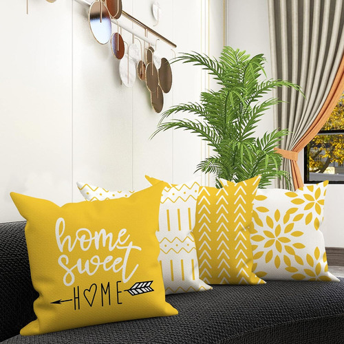 4Pcs Fundas de Cojín De 45x45cm Funda de Almohada de Sofá Moderno Geométricas Impresión de Doble Cara Color Amarillo