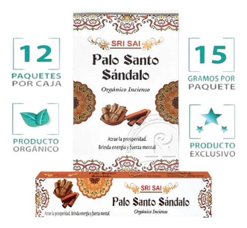 Incienso Orgánico Palo Santo - Sándalo Sri Sai 12 Cajitas