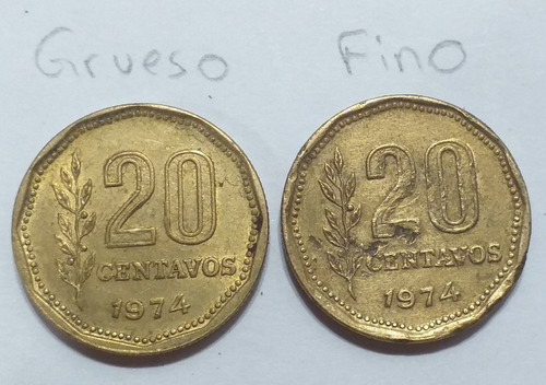 Variante - 20 Centavos 1974 - Canto Fino Y Canto Grueso