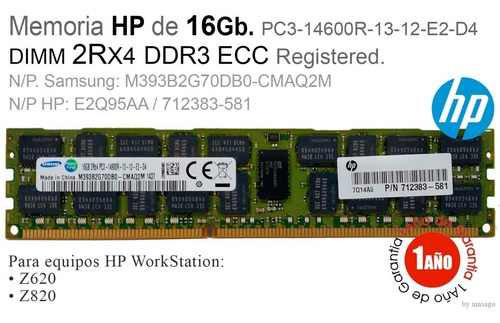 Imagen 2 de 6 de Memoria Hp 16gb Ddr3-1866 Pc3-14900 1x16gb Dimm Ecc E2q95aa