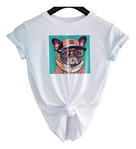 Camiseta Para Mujer Y Niña Blanca Estampada Perro.