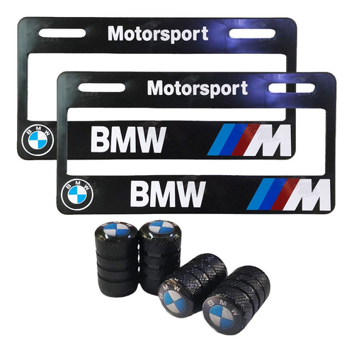 Set 2 Portaplacas Universal Bmw + 4 Tapones Aire Negro 