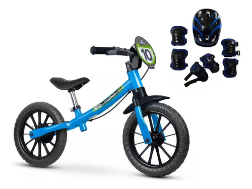 Bicicleta Infantil Aro 12 Balance Nathor Azul + Kit Proteção
