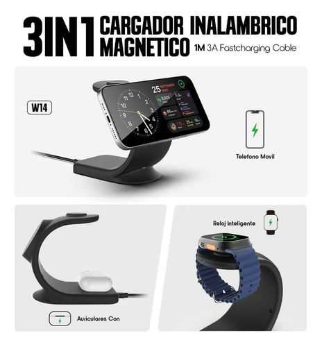 Kbod W14 Cargador Inalámbrico Magnético Para Celular 3 En 1 22w Carga Rápida Incluye Cable Fast Charge 3a Carga 3 Dispositivos A La Vez Teléfono / Smartwatch / AirPods