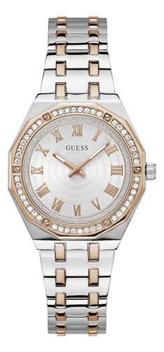 Reloj Mujer Guess Desire Oro Rosa. Correa Plateado Bisel Oro Rosa Fondo Plateado