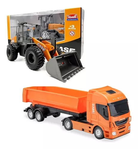 Caminhão de brinquedo basculante caçamba laranja e trator pa carregadeira 