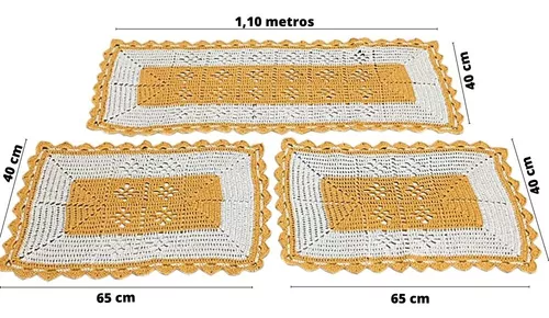 Jogo 3 Tapete de Cozinha Retangular Crochê Minas Preto na Casa Encanto