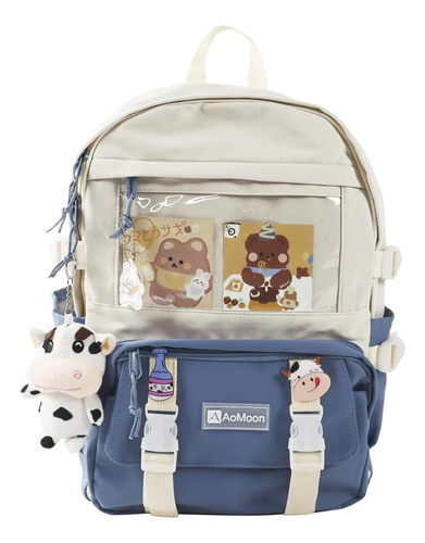 Mochila Escolar Aomoon Kawaii Con Accesorios (azul Y Beige)